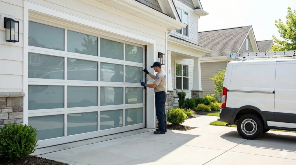 Modern white garage door on suburban house - professional maintenance and repair services
