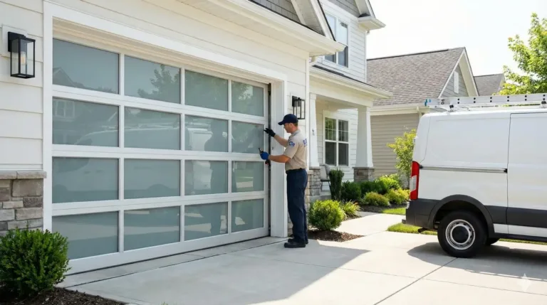 Modern white garage door on suburban house - professional maintenance and repair services