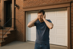 Fix a noisy garage door - NYC homeowner standing by loud squeaking garage door