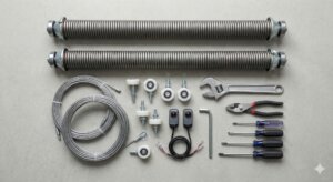 flat lay scene of garage door components being inspected: torsion springs, cables, rollers, safety sensors, wrench and tools arranged neatly on a clean work surface, top-down view, soft shadows, high-resolution professional photo, neutral background