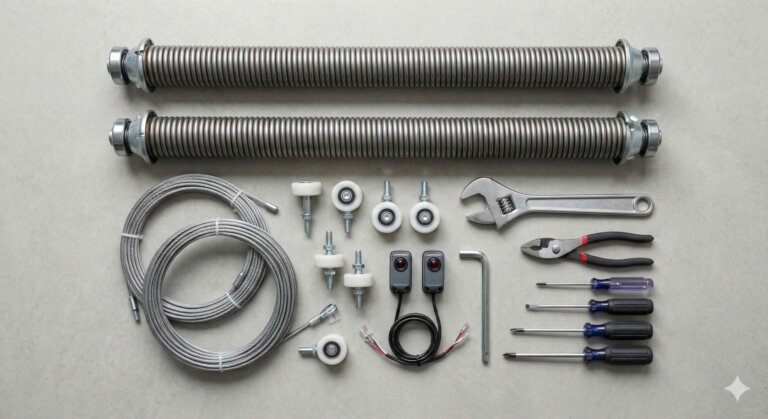 flat lay scene of garage door components being inspected: torsion springs, cables, rollers, safety sensors, wrench and tools arranged neatly on a clean work surface, top-down view, soft shadows, high-resolution professional photo, neutral background