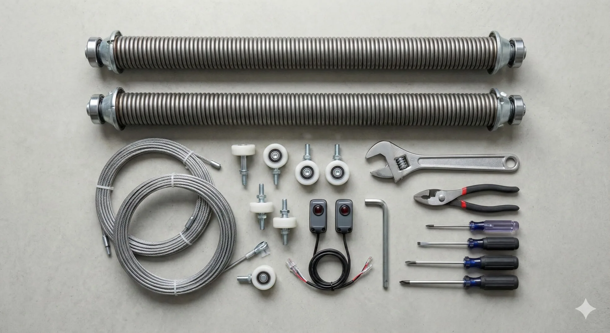 flat lay scene of garage door components being inspected: torsion springs, cables, rollers, safety sensors, wrench and tools arranged neatly on a clean work surface, top-down view, soft shadows, high-resolution professional photo, neutral background
