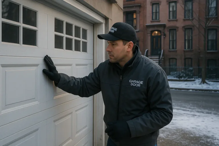 NYC garage door winterization preparation - technician inspecting residential garage door in winter with snow
