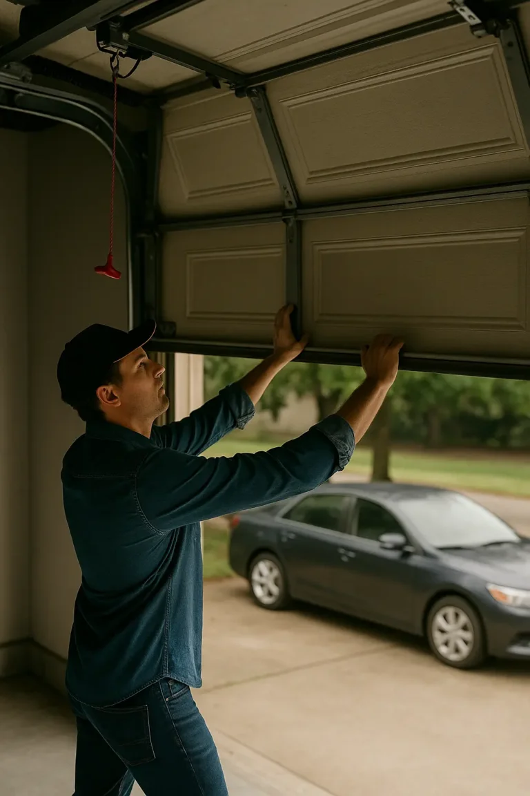 realistic photo of a homeowner manually opening a residential garage door during a power outage in New York City, focus on handle and red emergency release cord