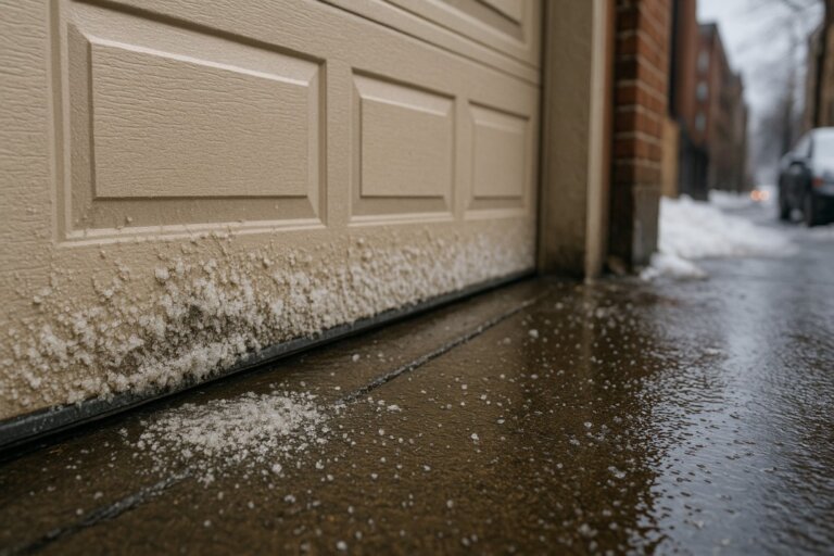 salt and slush buildup on NYC garage door bottom panel in winter