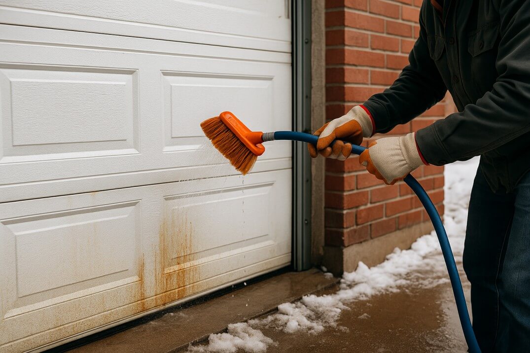 applying zinc-rich primer to garage door hinge area
