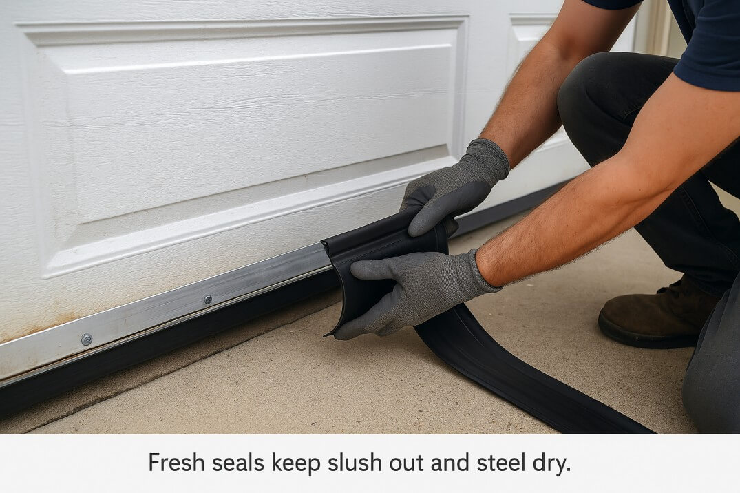installing new bottom seal to block winter slush