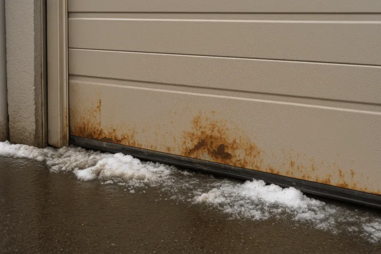 NYC winter garage door rust protection — close-up of metal door with salt and slush on concrete, no people