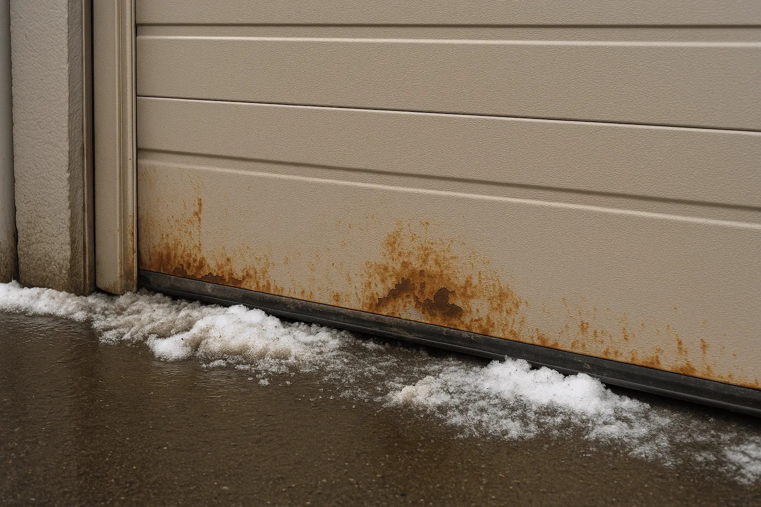 NYC winter garage door rust protection — close-up of metal door with salt and slush on concrete, no people