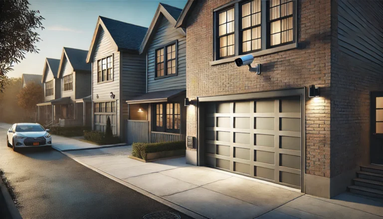 Modern residential garage door partially open at dusk in an urban New York neighborhood, with visible security camera and motion light, clean driveway, and brick house facade.”