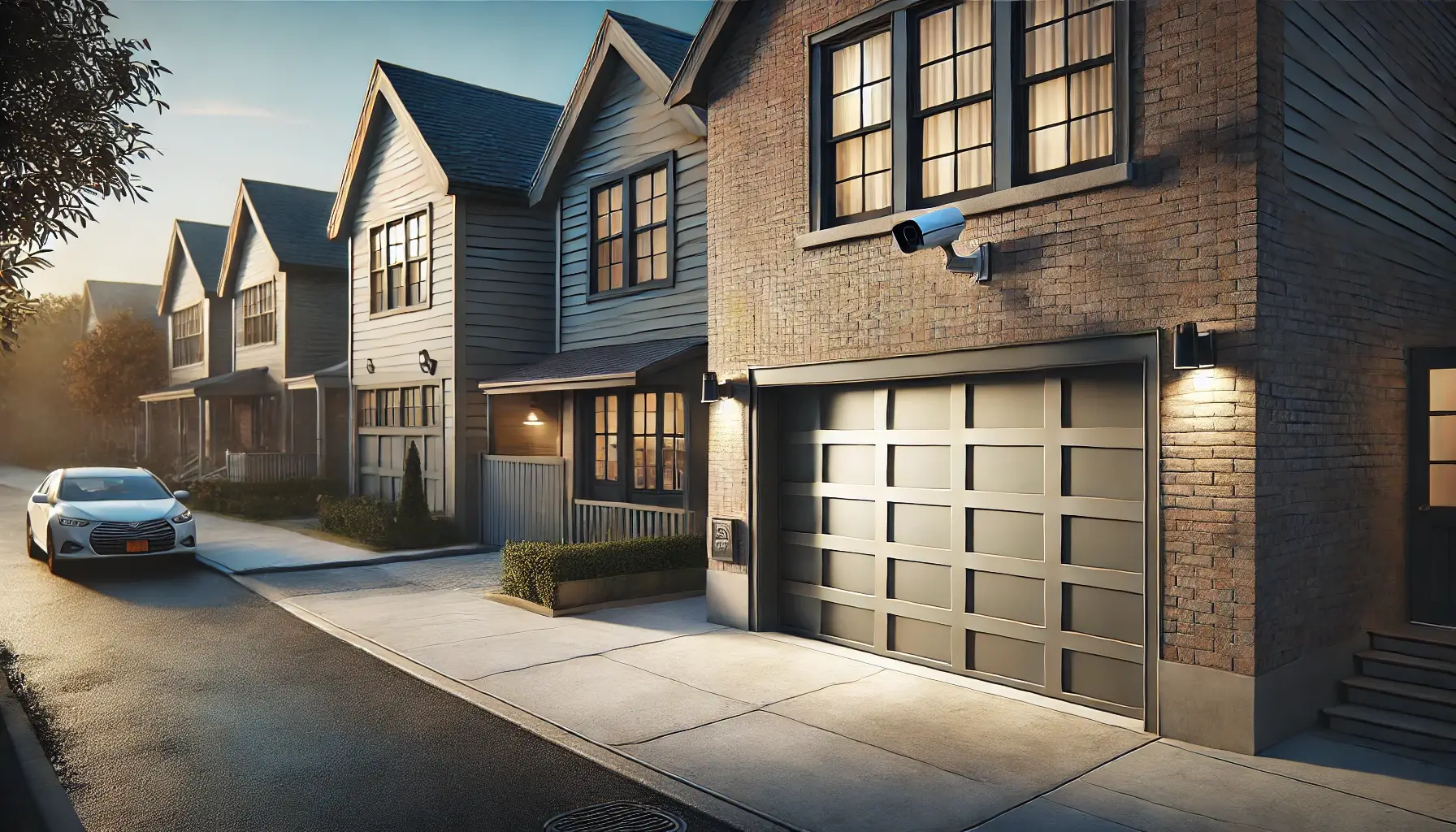 Modern residential garage door partially open at dusk in an urban New York neighborhood, with visible security camera and motion light, clean driveway, and brick house facade.”
