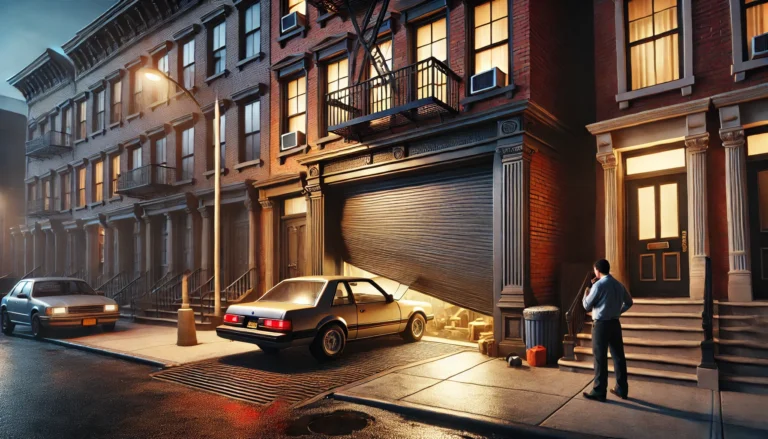 Nighttime scene of a jammed residential garage door in Brooklyn or Queens, New York City. The garage door is stuck halfway down and crooked, with a car partially visible inside illuminated by a streetlight. A worried homeowner stands nearby on a wet urban driveway, holding a phone. Brick townhouse facades and wet pavement reflect ambient city light.