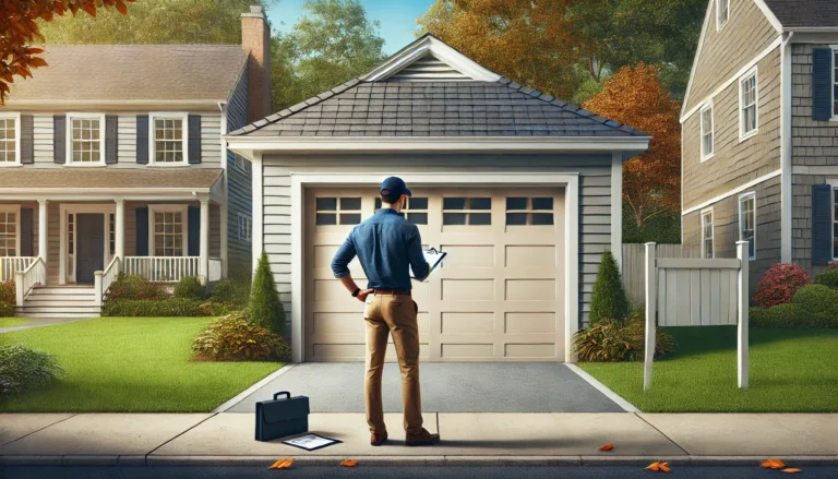 Homeowner comparing whether to repair or replace a garage door in Long Island