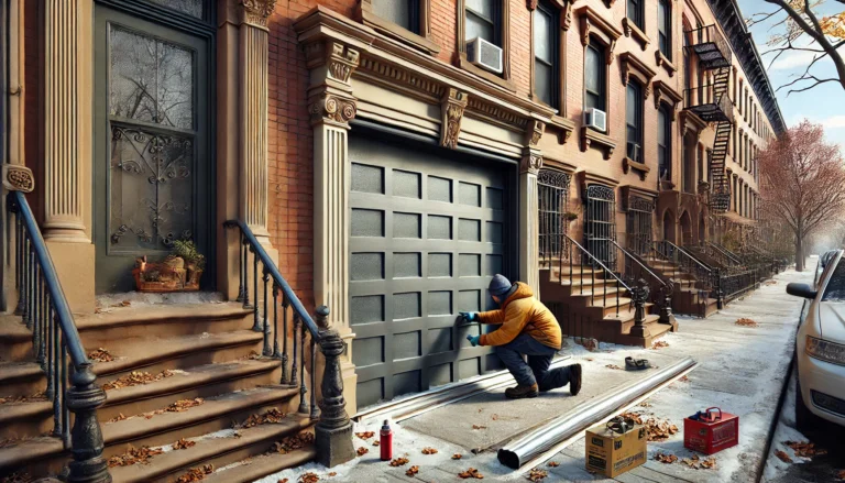 Technician sealing brownstone garage door for winter in Brooklyn NY