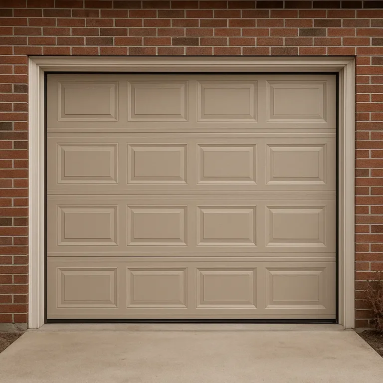 Beige modern garage door on a brick suburban home in winter, showing a clean and well-maintained exterior ready for the holiday season.
