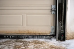 Close-up of a beige garage door during winter with icicles and frost buildup on the bottom seal, showing rust and frozen metal parts, symbolizing the effects of cold weather on garage components in New York and Long Island.