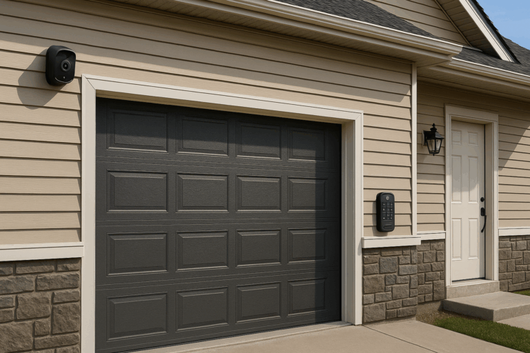 Smart garage door of a modern suburban house in New York with beige siding
