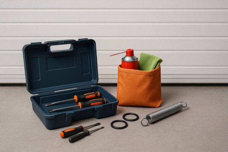 Winter garage door maintenance kit with tools, lubricant, seals, and cloth arranged in front of a residential garage door in New York.
