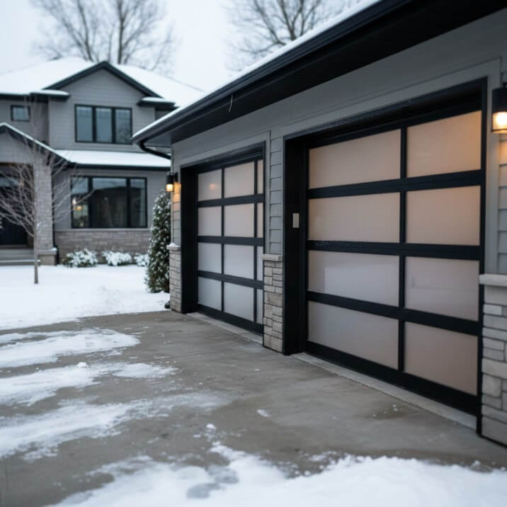 Upgraded garage door with insulation panels and weatherstripping installed to reduce drafts and improve energy efficiency