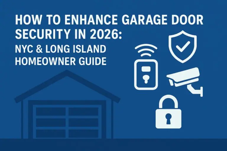 2026 garage door security guide for NYC and Long Island showing a modern garage illustration with smart opener, camera, lock, and shield icons.